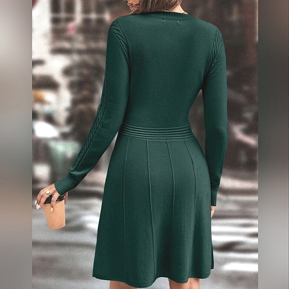 NEW Chic Cable Knit Long Sleeve Sweater Dress Dark Green - Picture 5 of 7